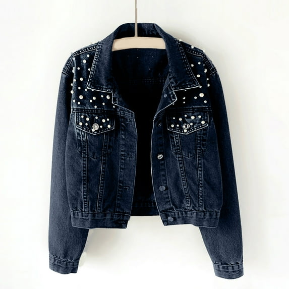 Inkach Women'S Fashion Casual Slim Pearl Single-Breasted Jacket Denim Jacket Short Coat