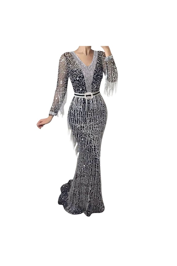 Women'S New Dress Long Sleeve Sequined Fringed Dress