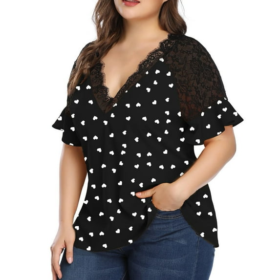 Inkach Women'S Plus Size Casual V-Neck Short-Sleeved Printed Waist Belt Top