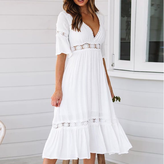 Inkach Women?S Sexy Solid Dress Hollow Chiffon Short Sleeve V-Neck Long Dress