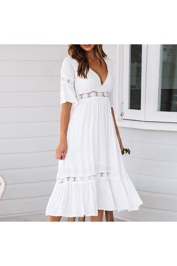 Women?S Sexy Solid Dress Hollow Chiffon Short Sleeve V-Neck Long Dress