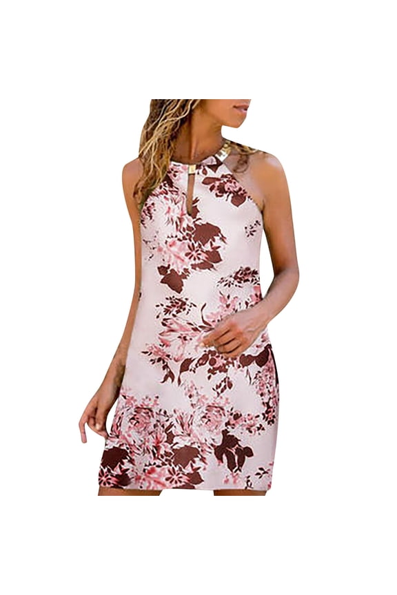 Women'S Summer Casual Fashion Metal Hanging Neck Print Sleeveless Dress