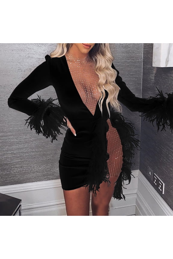 Women V-Neck Long Sleeve Solid Color Mesh Stitch Feather Casual Mini Dress