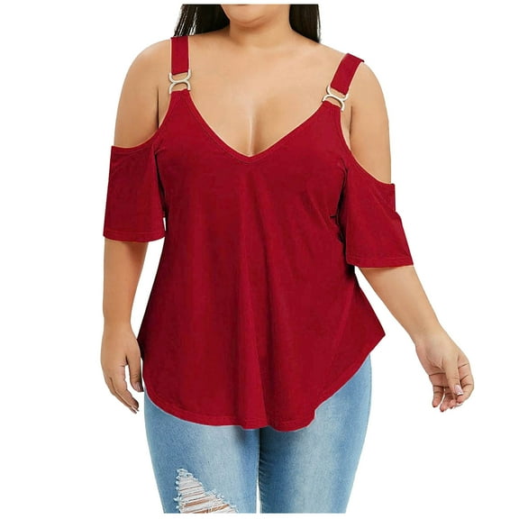 Inkach Women V-Neck Solid Large Metal Buckle Off-Shoulder Short Sleeve Blouse Tank Top