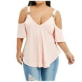 thumbnail image 1 of Inkach Women V-Neck Solid Large Metal Buckle Off-Shoulder Short Sleeve Blouse Tank Top, 1 of 6