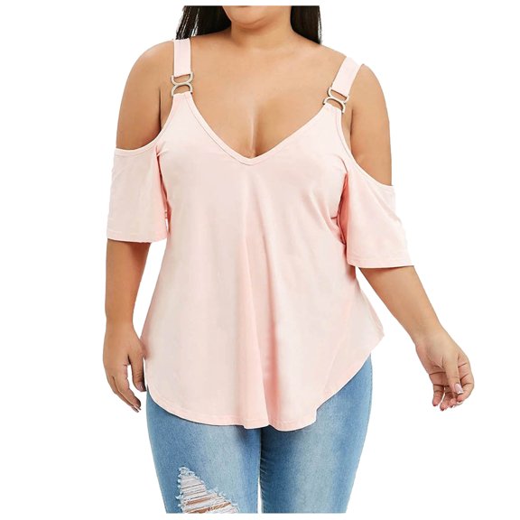 Inkach Women V-Neck Solid Large Metal Buckle Off-Shoulder Short Sleeve Blouse Tank Top