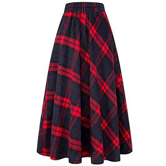 Inkach Womens High Elastic Waist Maxi A-Line Plaid Winter Warm Flare Long Ankle Skirt