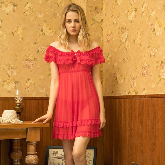 Inkach Womens Ladies Lace Bowknot Slash-Neck Sleepwear Nightdress Pajamas