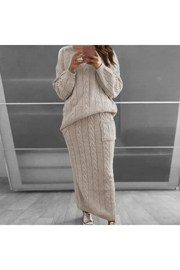 Womens Round Neck Long Sleeve Cable Knitted Warm Two-Piece Skirt Sweater Suit Set