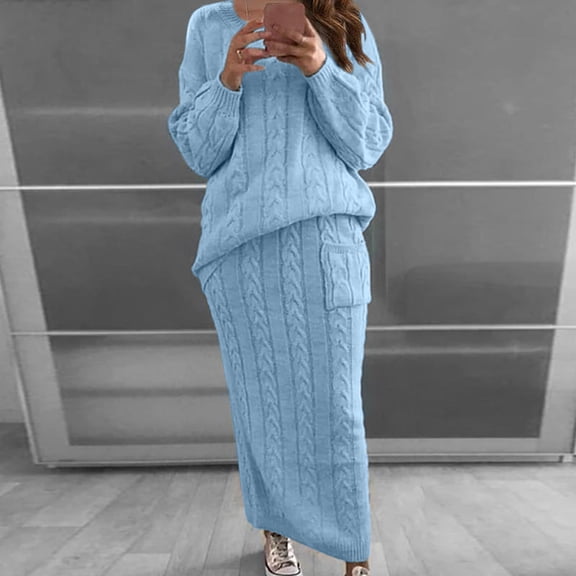 Inkach Womens Round Neck Long Sleeve Cable Knitted Warm Two-Piece Skirt Sweater Suit Set