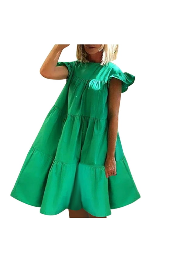 Womens Round Neck Solid Ruffle Dress