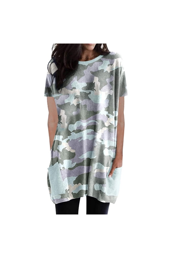 Womens Short Sleeve Lightweight Casual Loose Long Tunic Dress With Pockets