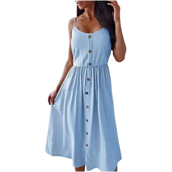 Inkach Womens Solid Color Buttons Mid-Calf Dress