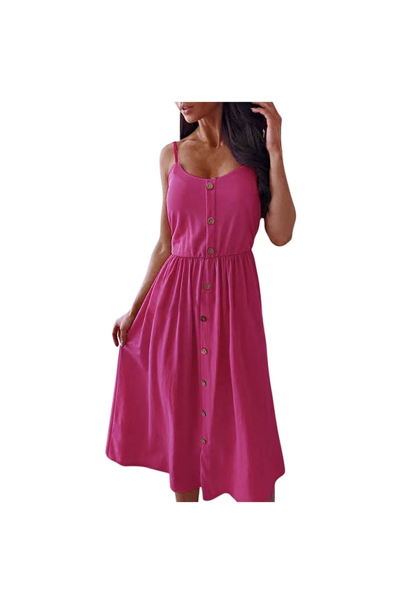Womens Solid Color Buttons Mid-Calf Dress