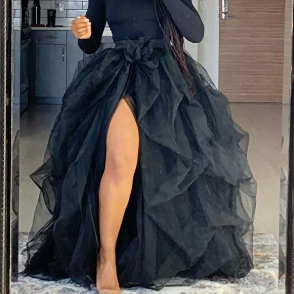 Inkach Womens Tulle Long Skirt High Waist Ruffle Floor Length Wedding Puffy Maxi Skirts