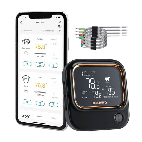 IBT-26S Bluetooth 5.1 and 2.4GHz Wi-Fi BBQ Thermometer, with 4 Food-Grade Probes, APP Control, USDA Meat Presets, Temperature Alarm and Timer, Backlit LCD with Adjustable Brightness