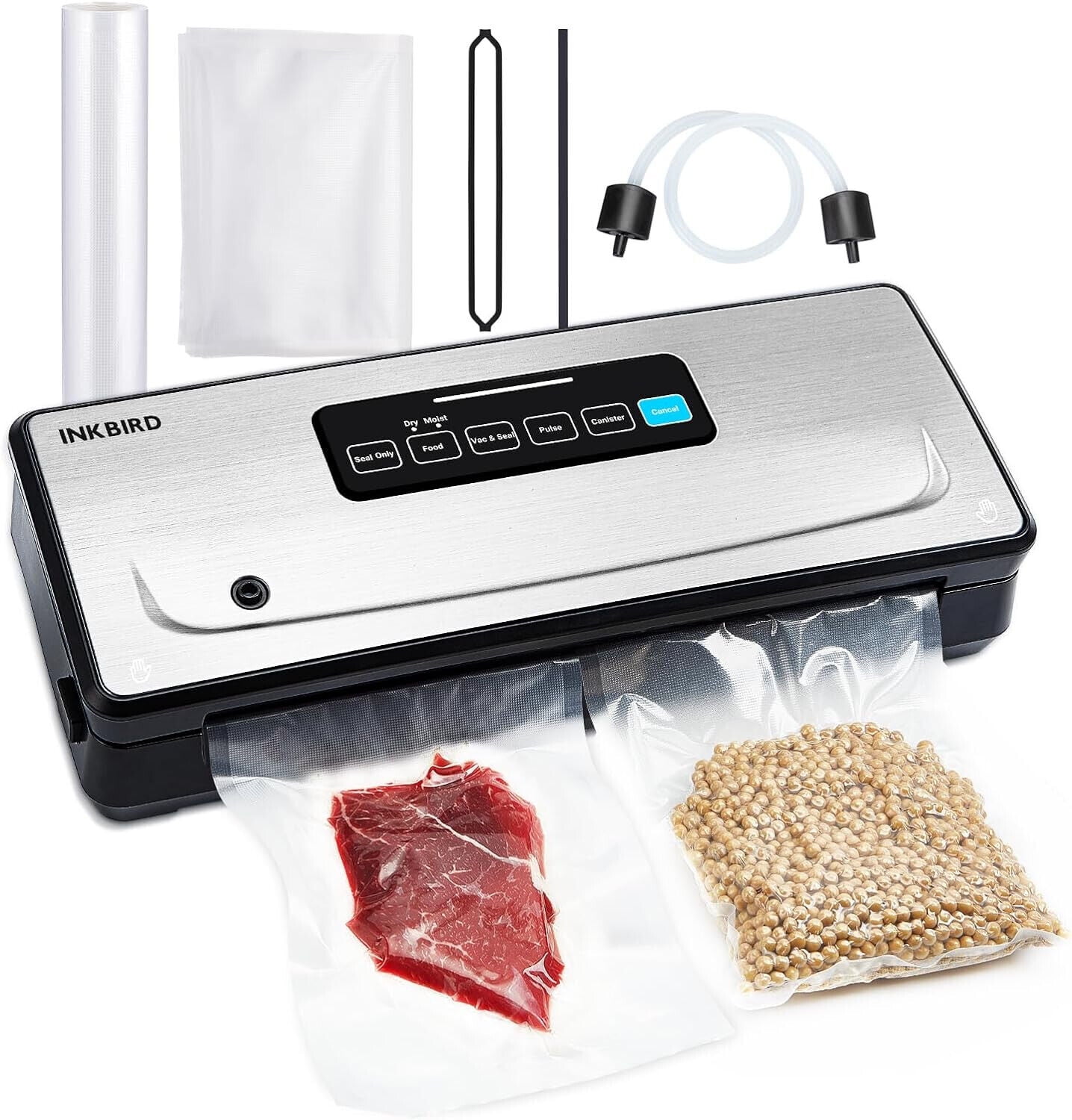 Inkbird Food Vacuum Sealer Sealing Machine,Built-in Cutter, 10-In-1 with Full Starter Kit,Moist/Dry/Pulse/Canister,Food Saver Storage Bag*5 and Bag Roll*1 Low Noise 65 dB