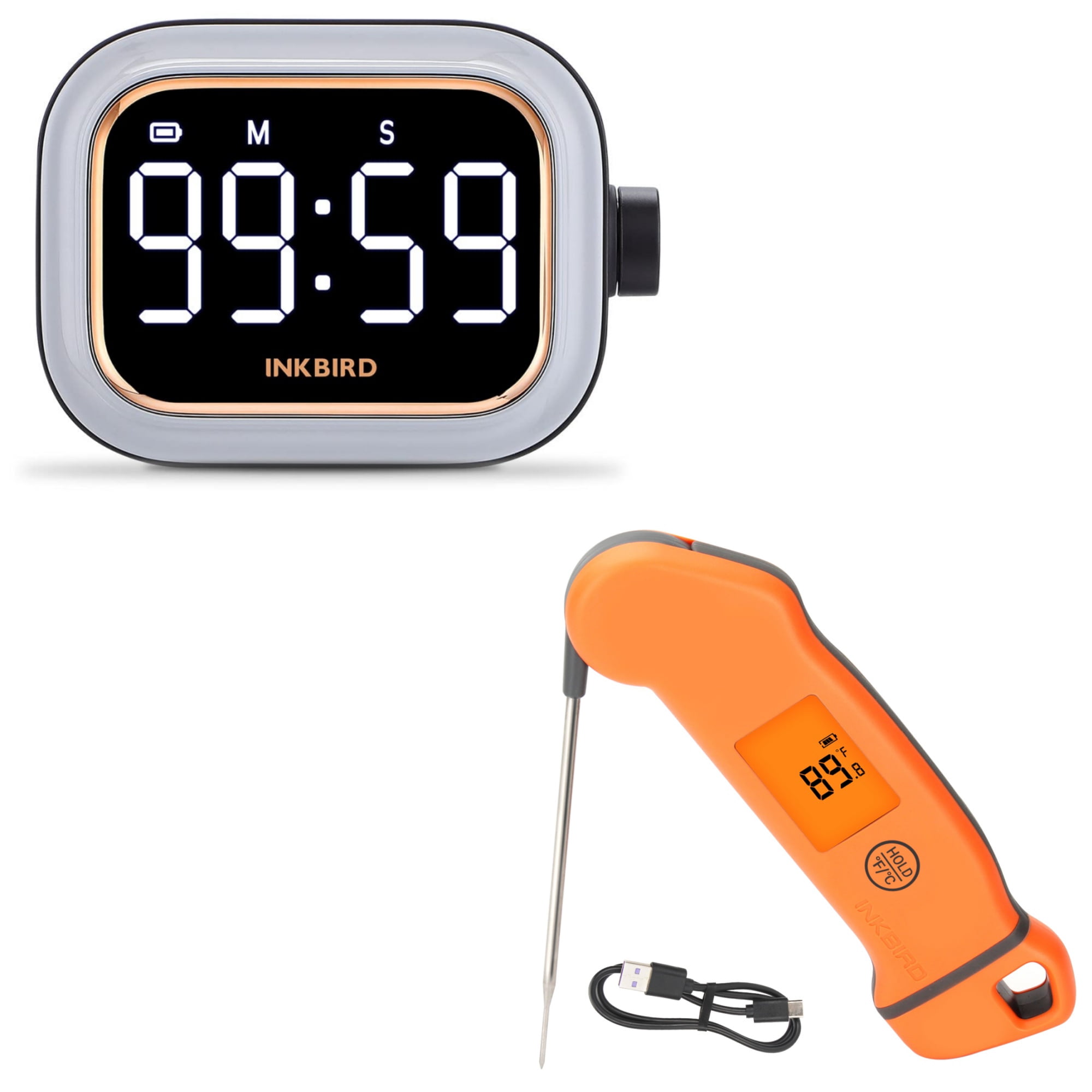 Inkbird IP67 Instant Read Thermometer + Rechargeable Kitchen Timer, Fast Reading & Adjustable Alarm for Home Cooking
