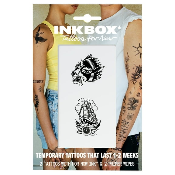Inkbox Temporary Tattoos, Boat and Dog, Water-Resistant, Perfect for Any Occasion, Black, 2 Pack