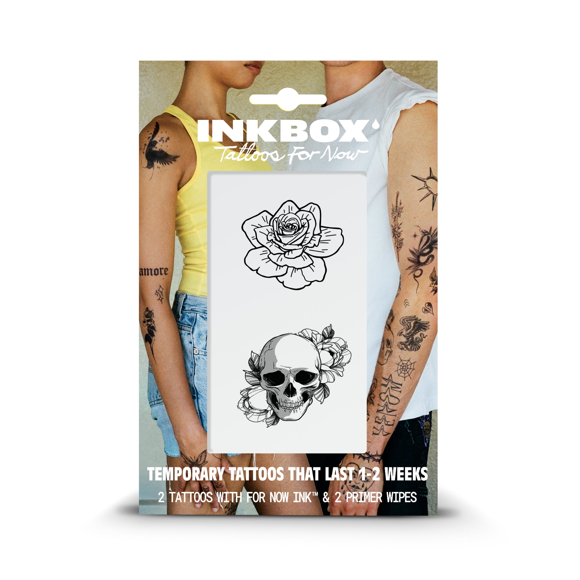 Inkbox Temporary Tattoos, Rose and Skull, Water-Resistant, Perfect for Any Occasion, Black, 2 Pack