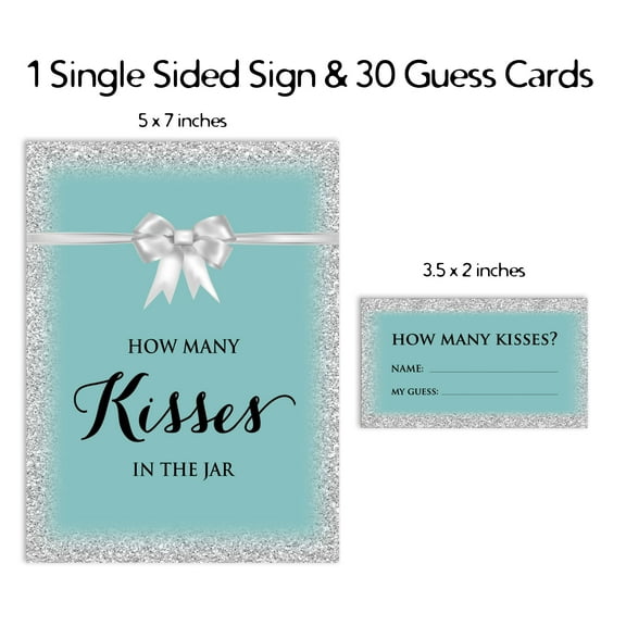 Inkdotpot 1 Sign + 30 Cards How Many Kisses In The Jar Aquamarine Glitter Bridal Shower Game