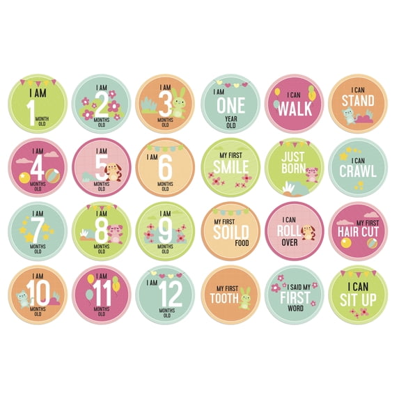 Inkdotpot 12 Month BabyMilestoneStickerBoy/Girl-MonthlyMilestoneRoundStickers, Record Newborns First Year Infant Baby Photo Props (Cute Animals), 24 Count-4 Inches