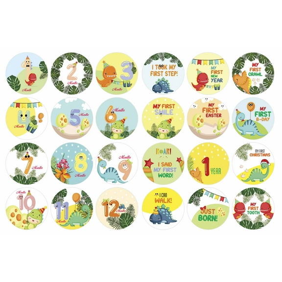 Inkdotpot 12 Month BabyMilestoneStickerBoy/Girl-MonthlyMilestoneRoundStickers, Record Newborns First Year Infant Baby Photo Props (Dinosaur), 24 Count-4 Inches