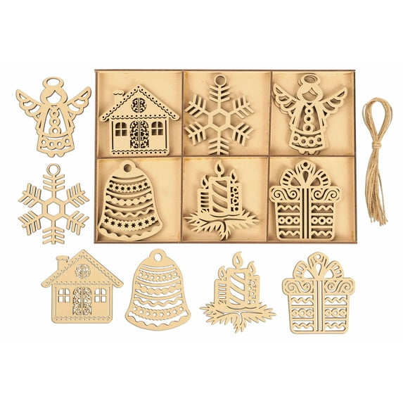 Inkdotpot 18pcs Wooden Christmas Ornaments, Unfinished Wooden Laser Cutouts Home/Bell Shaped Embellishments Hanging Ornament for Christmas Decorations- Tree Decor- Kids Crafts DIY