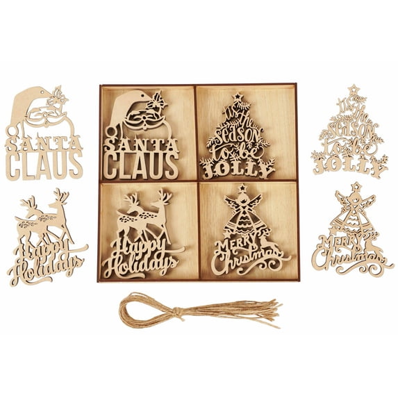 Inkdotpot 18pcs Wooden Christmas Ornaments, Unfinished Wooden Laser Cutouts Reindeer/Santa Claus Shaped Embellishments Hanging Ornament for Christmas Decorations- Tree Decor- Kids Crafts DIY
