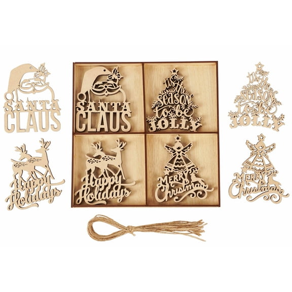 Inkdotpot 18pcs Wooden Christmas Ornaments, Unfinished Wooden Laser Cutouts Reindeer/Santa Claus Shaped Embellishments Hanging Ornament for Christmas Decorations- Tree Decor- Kids Crafts DIY