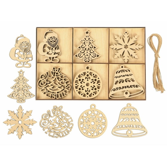 Inkdotpot 18pcs Wooden Christmas Ornaments, Unfinished Wooden Laser Cutouts Tree/Bell Shaped Embellishments Hanging Ornament for Christmas Decorations- Tree Decor- Kids Crafts DIY