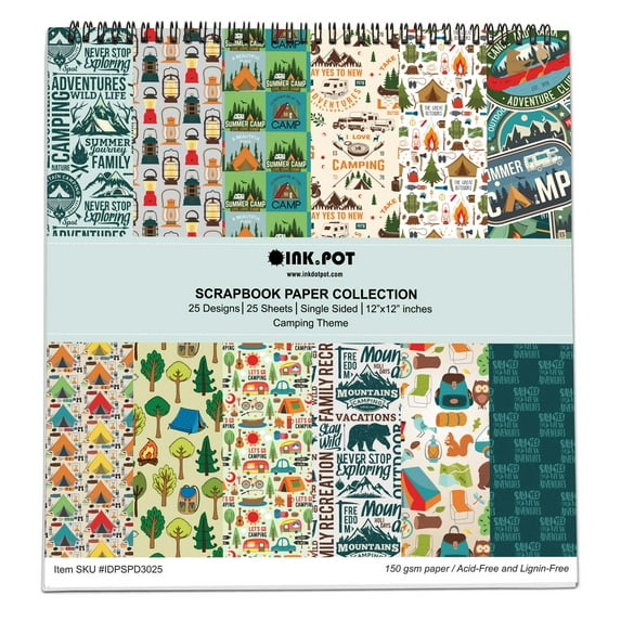 Inkdotpot 25 Sheets Camping Scrapbook Paper Pad 6x6, Single-Sided Scrapbook Paper- Colorful Cardstock Paper Scrapbooking DIY Decorative Background Cardmaking Supplies- Journal Craft Paper