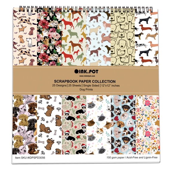 Inkdotpot 25Dog PrintScrapbookPaper Pad 12" x 12", Single-SidedScrapbookPaper- ColorfulCardstock PaperScrapbookingDIY Decorative BackgroundCardmaking Supplies- Journal Craft Paper