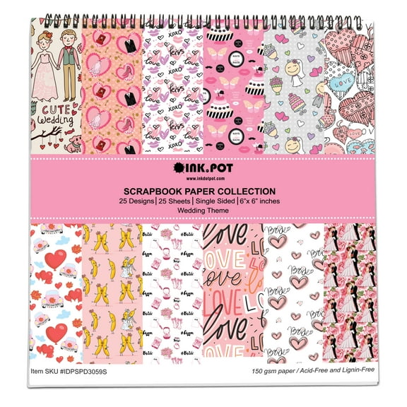Inkdotpot 25Wedding Theme ScrapbookPaper Pad 6" x 6", Single-SidedScrapbookPaper- ColorfulCardstock PaperScrapbookingDIY Decorative BackgroundCardmaking Supplies- Journal Craft Paper