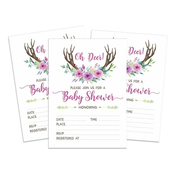 Inkdotpot 30 Fill In StyleBaby Shower Invitation Cards Antler (Girl) Jungle Animals Blank Invites