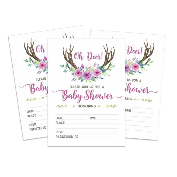 Inkdotpot 30 Fill In StyleBaby Shower Invitation Cards Antler (Girl) Jungle Animals Blank Invites