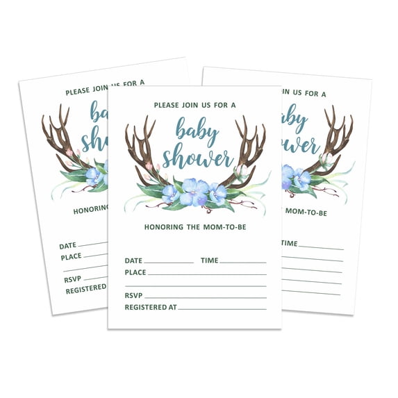 Inkdotpot 30Antler (Boy) Jungle Animals Baby Shower Invitation Cards Fill In Blank Invites