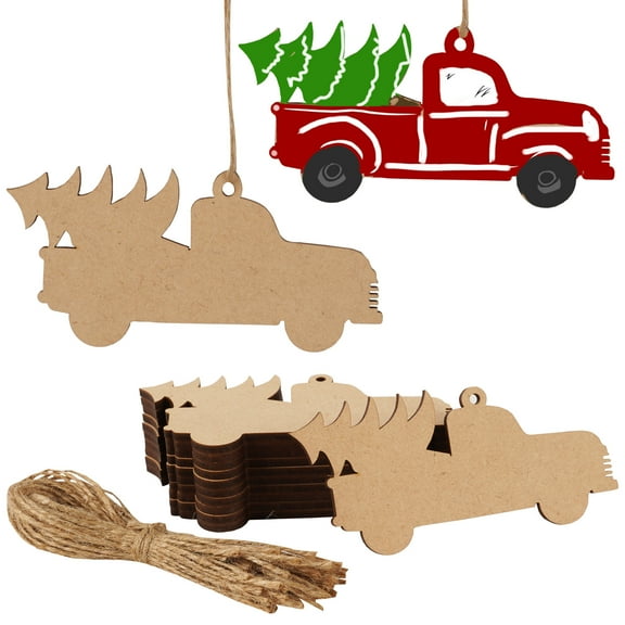 Inkdotpot 40pcs Christmas Truck Wooden Ornament with Holes 3.5" Unfinished Predrilled Natural Wood Slices for Crafts Wooden DIY Christmas Ornaments Hanging Ropes Included