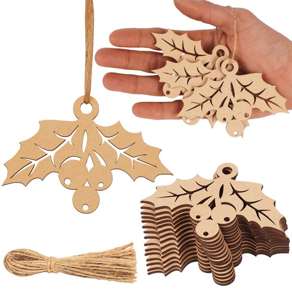 Inkdotpot 40pcs Mistletoe Wooden Ornament with Holes 3.5" Unfinished Predrilled Natural Wood Slices for Crafts Wooden DIY Christmas Ornaments Hanging Ropes Included