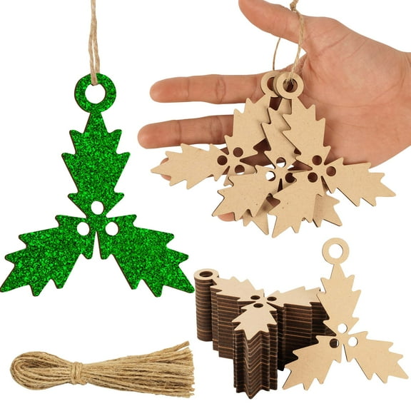 Inkdotpot 40pcs Mistletoe Wooden Ornament with Holes 3.5" Unfinished Predrilled Natural Wood Slices for Crafts Wooden DIY Christmas Ornaments Hanging Ropes Included