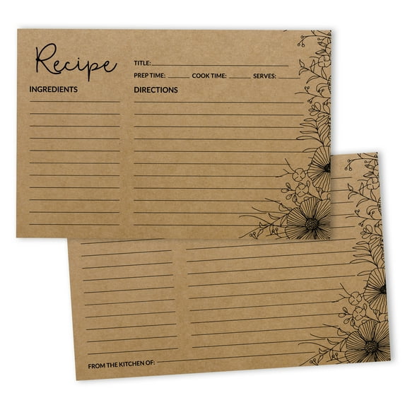 Inkdotpot 4x6 Inch Recipe Cards (Set of 50) , Thick Double Sided Premium Card Stock- Modern Style Kraft Recipe Notecards for Weddings- Bridal- Baby Shower - Floral Theme
