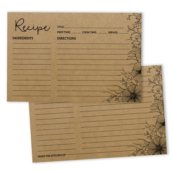 Inkdotpot 4x6 Inch Recipe Cards (Set of 50) , Thick Double Sided Premium Card Stock- Modern Style Kraft Recipe Notecards for Weddings- Bridal- Baby Shower - Floral Theme