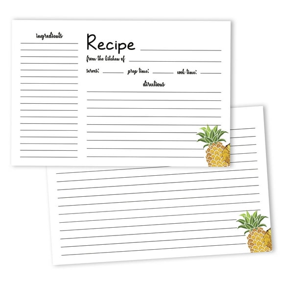 Inkdotpot 4x6 Inch Recipe Cards (Set of 50) , Thick Double Sided Premium Card Stock- Modern Style White Recipe Notecards for Weddings- Bridal- Baby Shower - Tropical Pineapple Theme