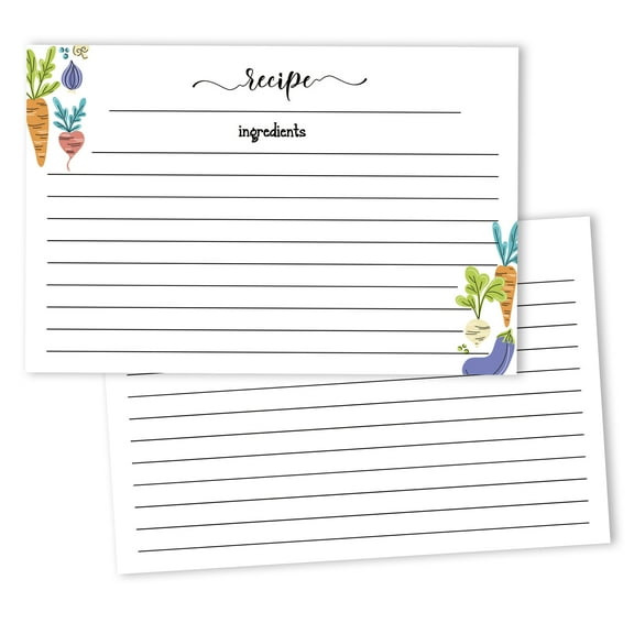 Inkdotpot 4x6 Inch Recipe Cards (Set of 50) , Thick Double Sided Premium Card Stock- Modern Style White Recipe Notecards for Weddings- Bridal- Baby Shower - Veggies Theme