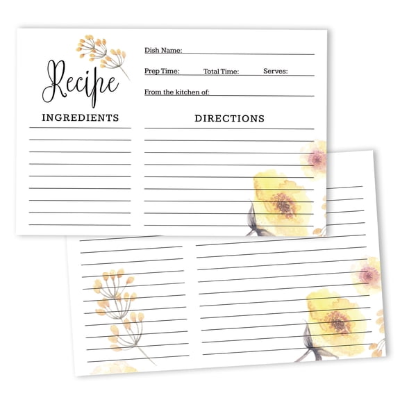 Inkdotpot 4x6 Inch Recipe Cards (Set of 50) , Thick Double Sided Premium Card Stock- Modern Style White Recipe Notecards for Weddings- Bridal- Baby Shower - flower Theme