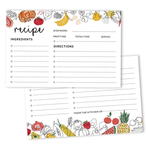 Inkdotpot 4x6 Inch Recipe Cards (Set of 50) , Thick Double Sided Premium Card Stock- Modern Style White Recipe Notecards for Weddings- Bridal- Baby Shower - veggies & fruits Theme