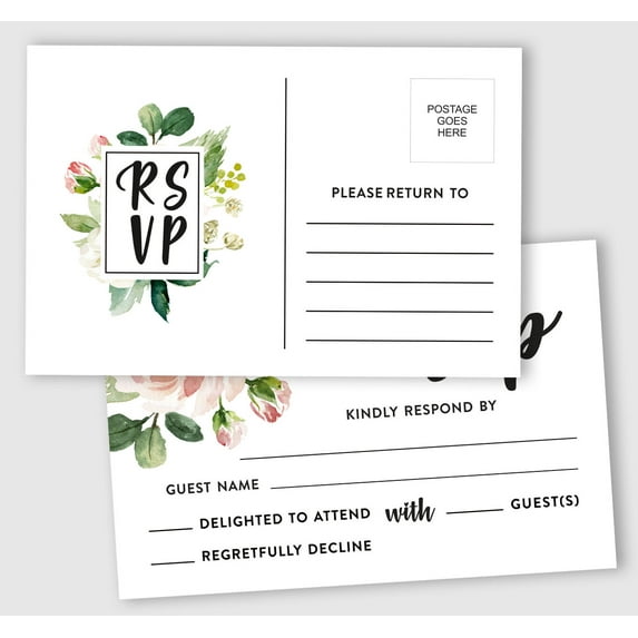 Inkdotpot 50 Blank RSVP Cards,RSVP Postcards No Envelopes Needed,Floral Print Response Card,RSVP For Wedding,Baby Shower,Bridal Shower
