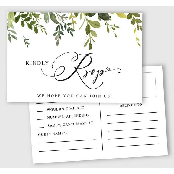 Inkdotpot 50 Blank RSVP Cards,RSVP Postcards No Envelopes Needed,Greenery Print Response Card,RSVP For Wedding,Baby Shower,Bridal Shower
