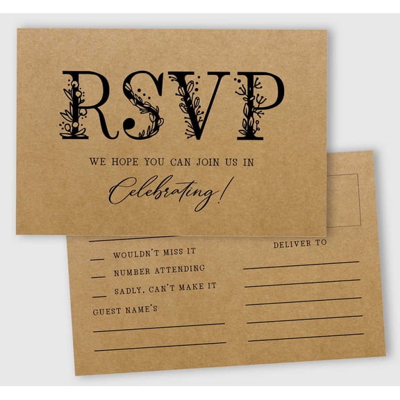 Inkdotpot 50 Blank RSVP Cards,RSVP Postcards No Envelopes Needed,Rustic Kraft Print Response Card,RSVP For Wedding,Baby Shower,Bridal Shower