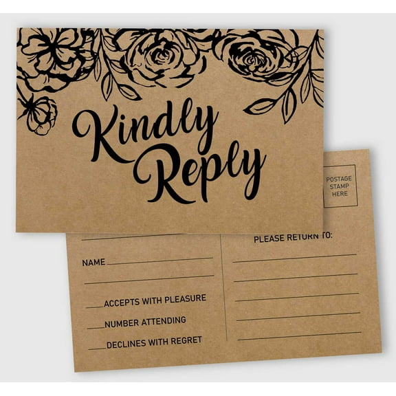Inkdotpot 50 Blank RSVP Postcards Floral Kraft Rustic Print 4"X6" Response Cards,RSVP Reply Card For Wedding,Bridal Shower,Baby Shower